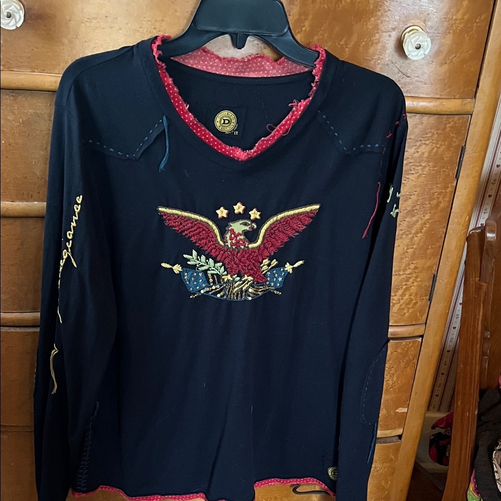 Desigual Black Long Sleeve Top with Red and Gold Accents. Double D Ranch
